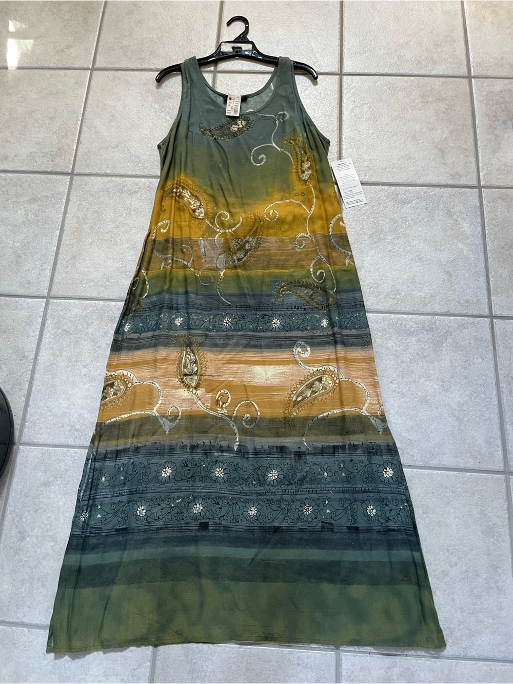 Sleeveless Paisley Stripe BohoMidi Dress in Olive and Mustard